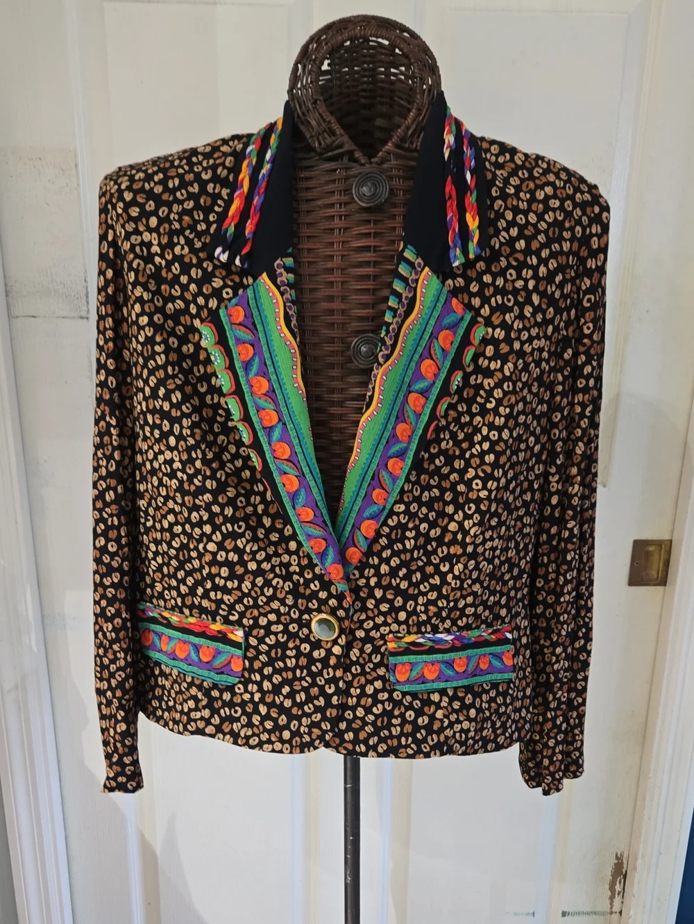 Carole Little Black Leopard Print Blazer with Colorful Embroidered Trim-Size 12 - Picture 1 of 13